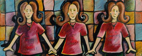 This is a painting of three identical women holding hands.