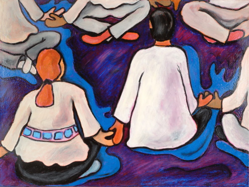 This is a painting of people sitting in a circle while holding hands.