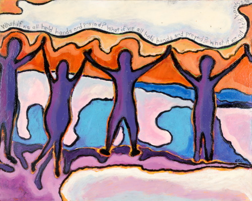 This is a painting of people holding hands on a beach.