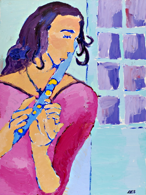 This is a painting of a woman with long hair who is playing the flute.