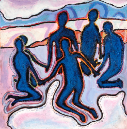 This is a painting of a circle of people holding hands.