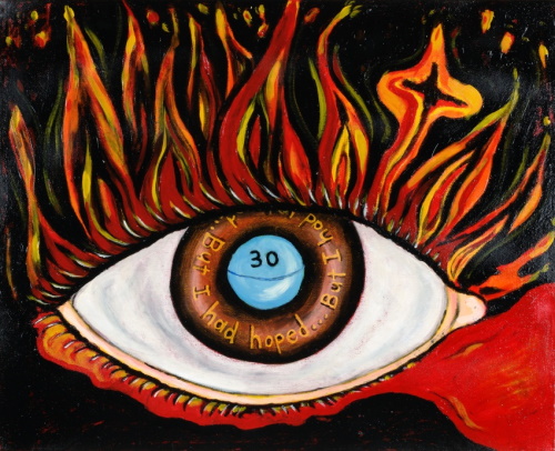 This is a picture of an eye. Flames are coming out of the lid and a blue pill is in the iris of the eye.