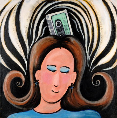 This is a painting of a woman who has a cassette tape inserted into the top of her head.