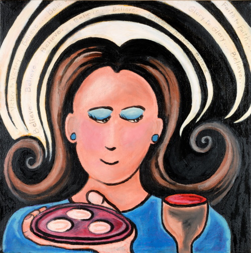 This is a painting of a woman receiving communion.