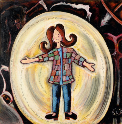 This is a painting of a woman safe inside a bubble that can't be popped by the danger around her.