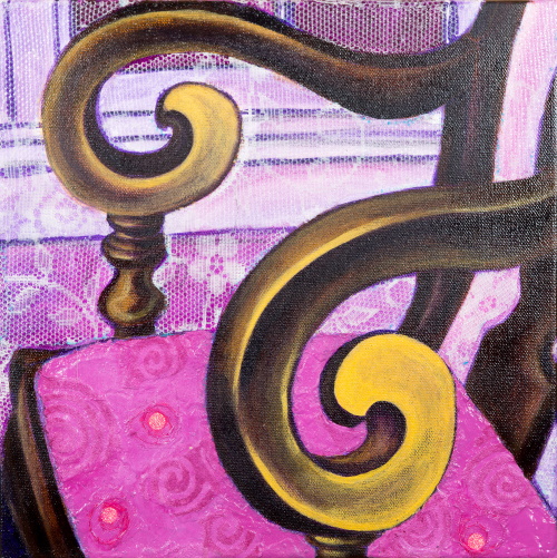 This is a painting of a chair with a pink cushion and swirly arms.