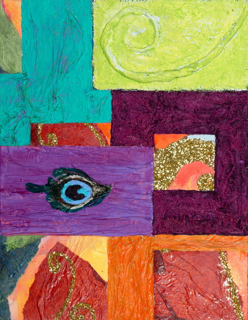 This is a colorful collage with a peacock feather in the center and swirls of yarn.