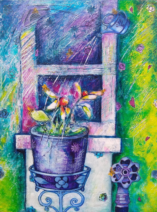 This is a colorful painting of a potted plant on a stand in front of a window sill.