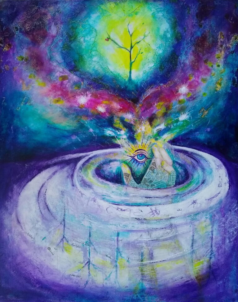 A painting of creation with the hand of God, the tree of life, and other celestial things.