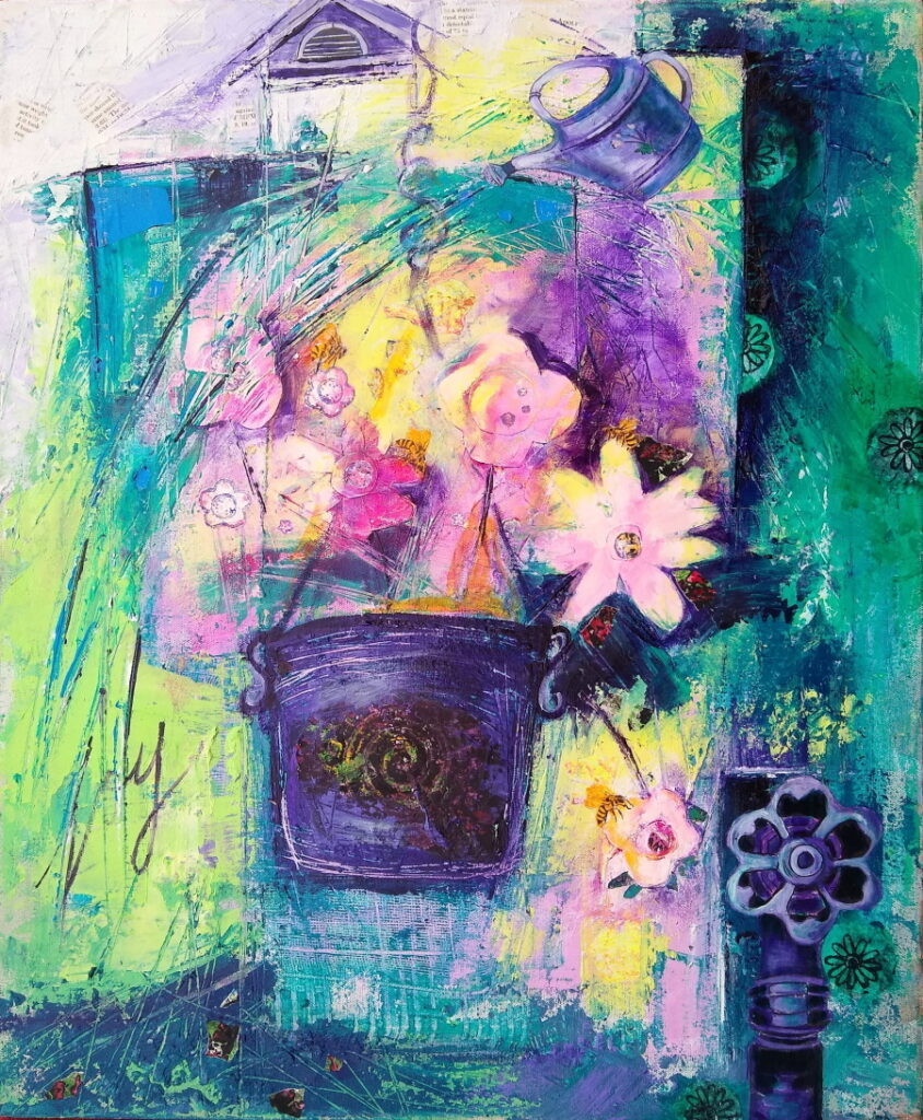 This is a painting of a fanciful hanging pot of flowers being gently watered by a watering can.