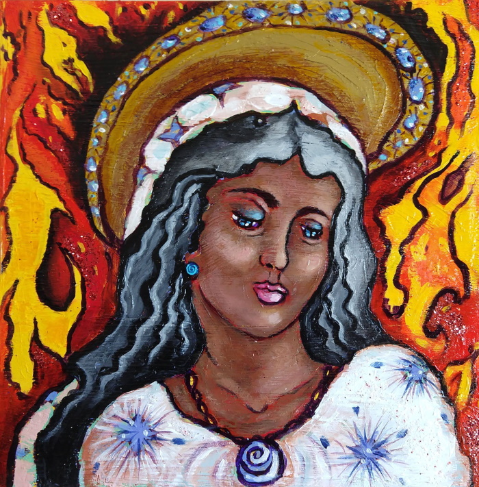 This is a painting of the Virgin Mary with a halo of fire.