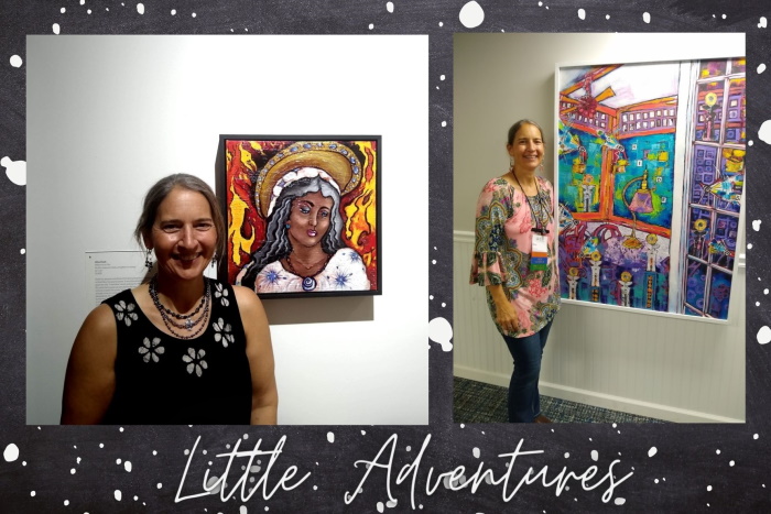 These are photos of an artist at galley openings where her work is on exhibit. One of the photos is of the artist at the 8th Catholic Biennial. The other photo is of the artist exhibiting at the 2021 International Society of Experimental Artist’s annual juried exhibit.