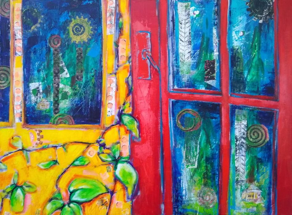 A painting of a red door with bright yellow all around it.