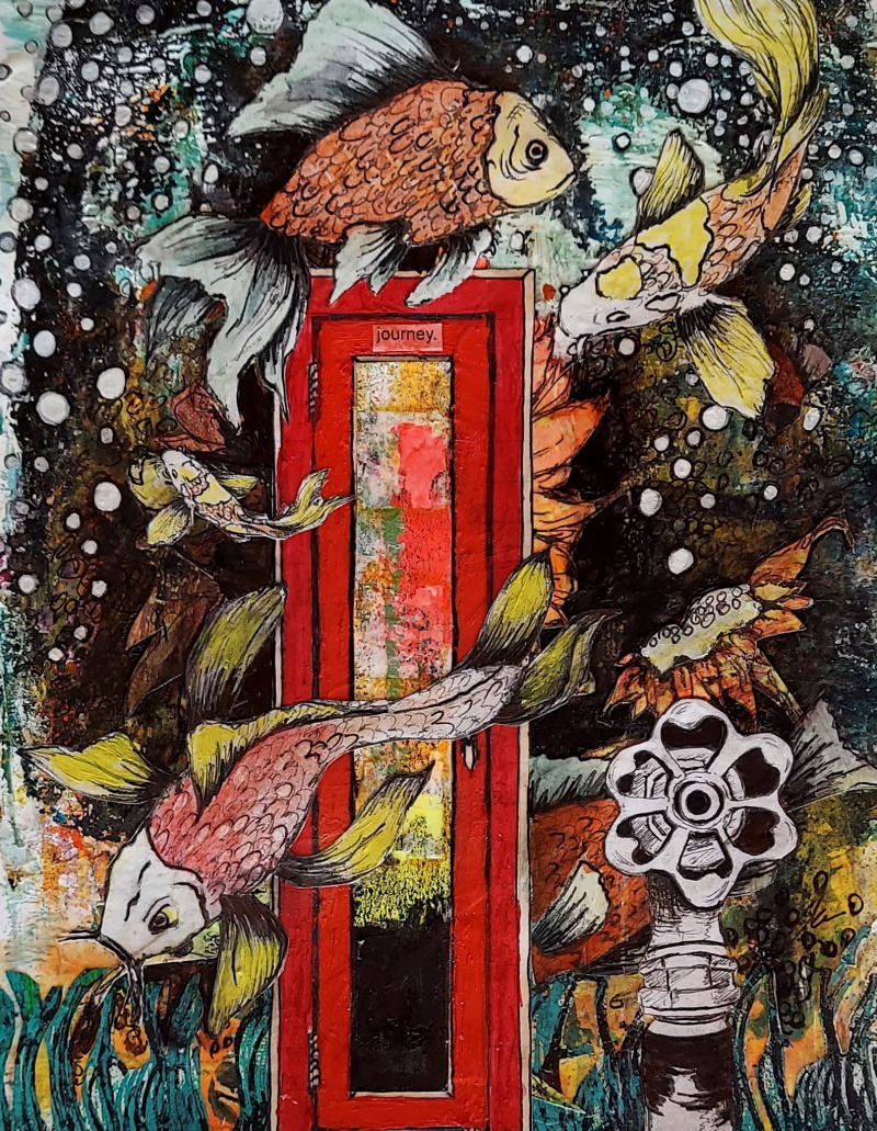 This painting of the journey in the new unknown is of of underwater doors, sunflowers, and a water spigot surrounded by bubbles and swirling fish.