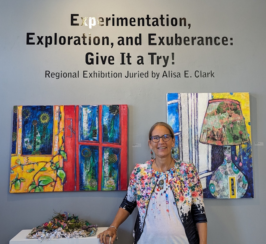 This is an image of Alisa E. Clark, juror for the exhibition titled Give It a Try at the South Haven Center for the Arts, sharing her experimental work at this experimental art exhibition.