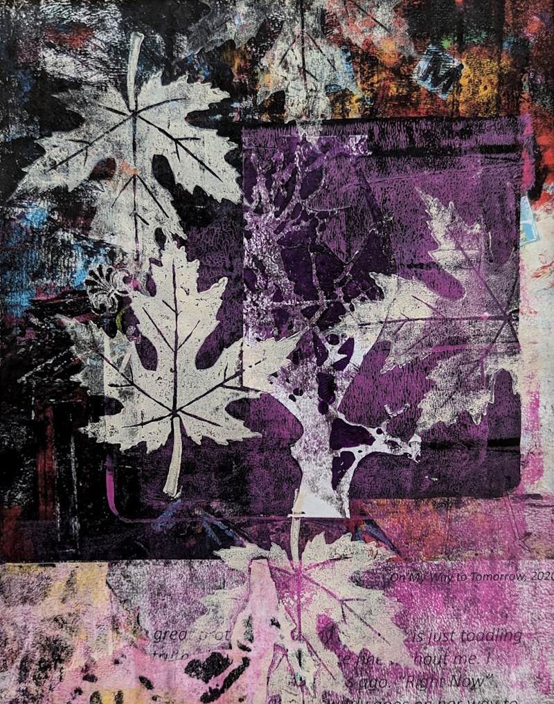 This is a monoprint of leaves on paper created with a limited palette of purples, greys, and muted fall colors.