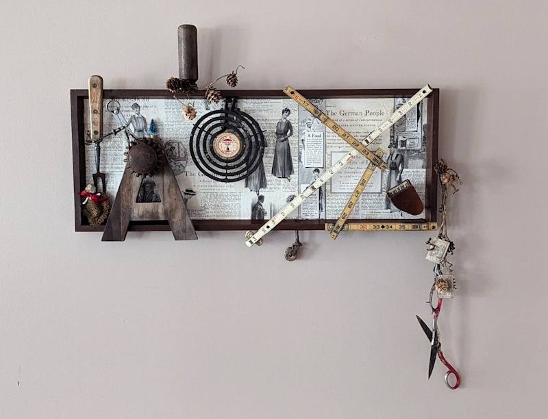 A detailed collage of vintage scissors, measuring tape, and other household items artfully arranged to tell the story of a 1950s homemaker. The image captures the essence of the blog post "My Mother's Scissors," showcasing an intersection of assemblage and narrative through carefully selected memorabilia.