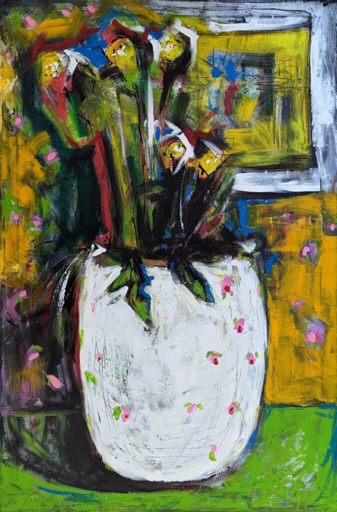 Expressive mixed media floral painting featuring dark abstract flowers in a white vase against a vibrant yellow, green, and black background with energetic brushwork and layered textures.
