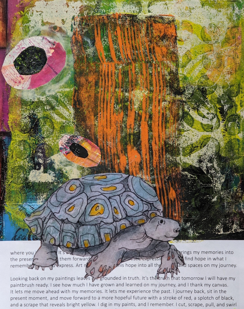 Mixed media monoprint and collage featuring a smiling tortoise walking across layered abstract textures, printed text, foliage patterns, and an orange tree-like form in green, black, blue, and pink tones.
